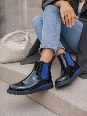 Cougar Rain Boots Size 9 Black Blue Chelsea Waterproof Rubber Ankle Boots